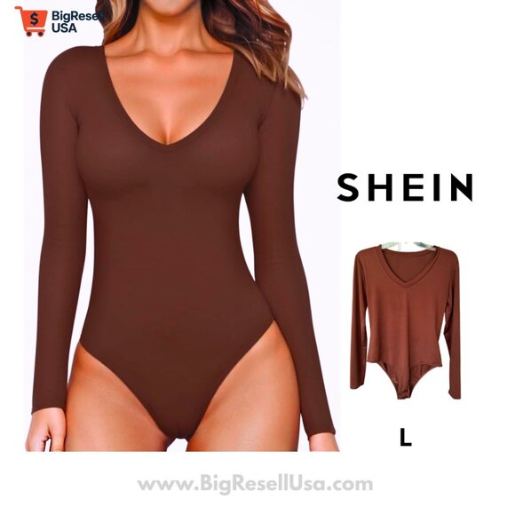 SHEIN | Women’s Long Sleeve V-Neck Bodysuit – Brown, Size L - Picture 1 of 6